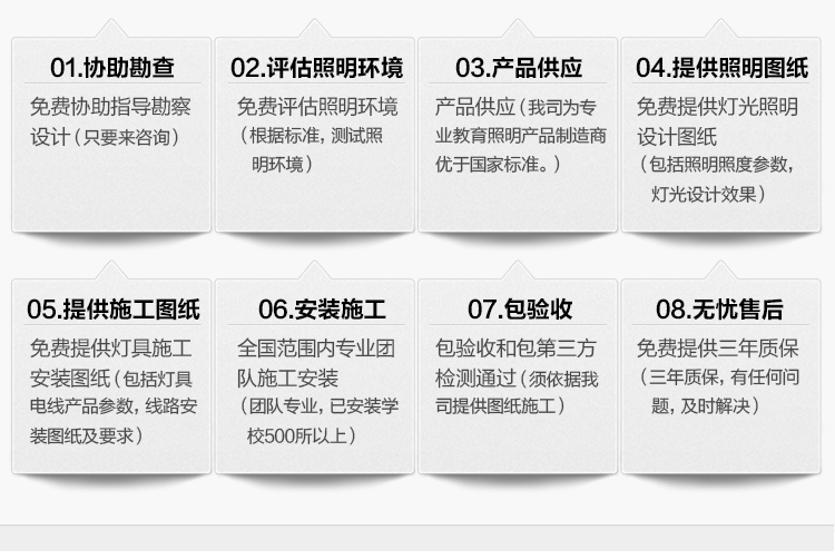 我司提供一站式教育照明解決方案：1、免費(fèi)協(xié)助指導(dǎo)勘察設(shè)計（只要來咨詢）2、免費(fèi)評估照明環(huán)境（根據(jù)標(biāo)準(zhǔn)，測試照明環(huán)境）3、產(chǎn)品供應(yīng)（我司為專業(yè)教育照明產(chǎn)品制造商，優(yōu)于國家標(biāo)準(zhǔn)。）4、免費(fèi)提供燈光照明設(shè)計圖紙（包括照明照度參數(shù)，燈光設(shè)計效果）5、免費(fèi)提供燈具施工安裝圖紙（包括燈具/電線產(chǎn)品參數(shù)，線路安裝圖紙及要求）6、全國范圍內(nèi)專業(yè)團(tuán)隊施工安裝（團(tuán)隊專業(yè)，已安裝學(xué)校500所以上）7、包驗收和包第三方檢測通過（須依據(jù)我司提供圖紙施工）8、免費(fèi)提供三年質(zhì)保（三年質(zhì)保，有任何問題，及時解決）